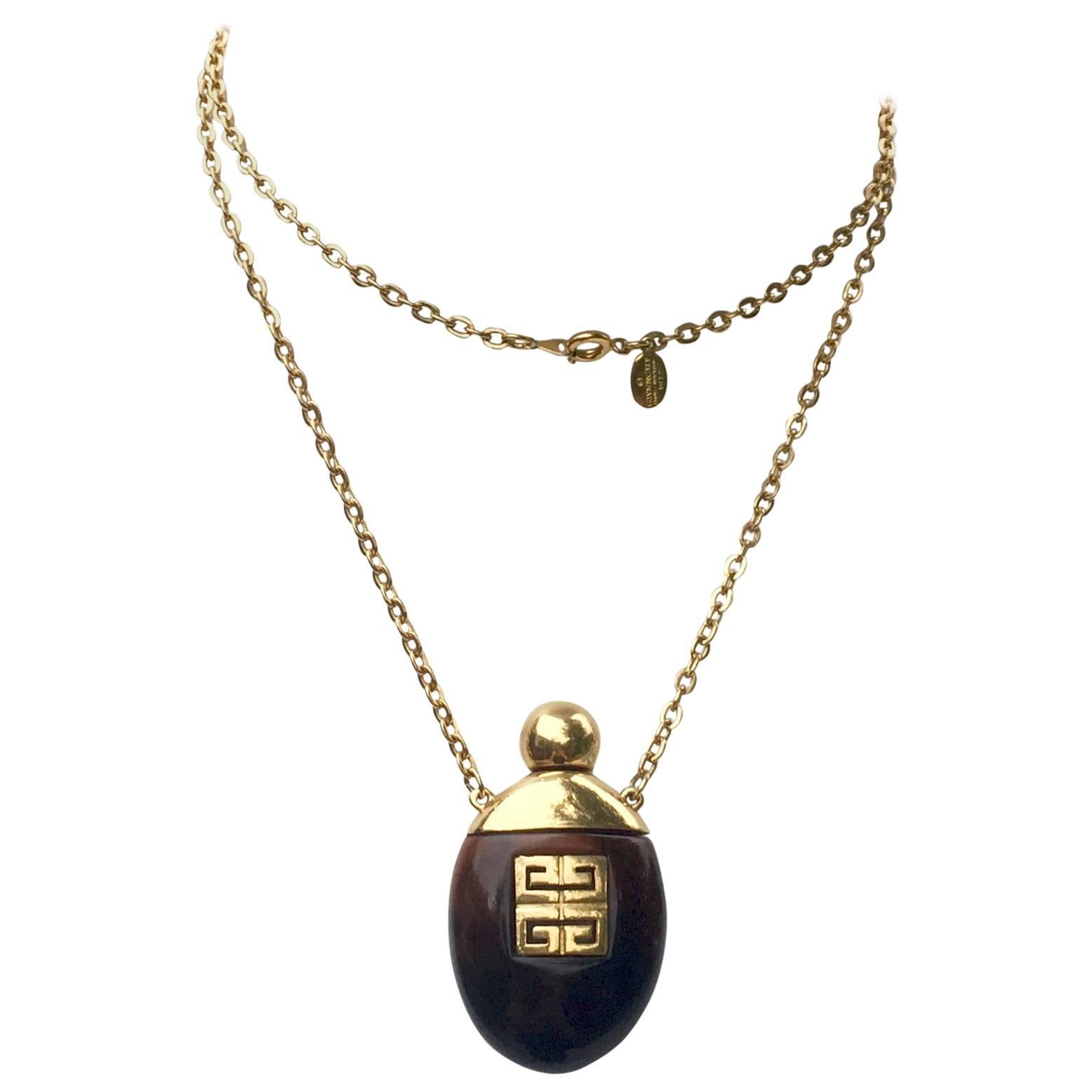 Givenchy Vintage Perfume Bottle Necklace Gold-Toned Link Chain Tortoise, 1970s 