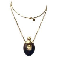 Givenchy Retro Perfume Bottle Necklace Gold-Toned Link Chain Tortoise, 1970s 