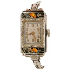 ELGIN c.1925 Parisienne Lady & Tiger Art Deco Enamel Manual Bracelet Watch