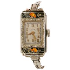 ELGIN c.1925 Parisienne Lady & Tiger Art Deco Enamel Manual Bracelet Watch 5