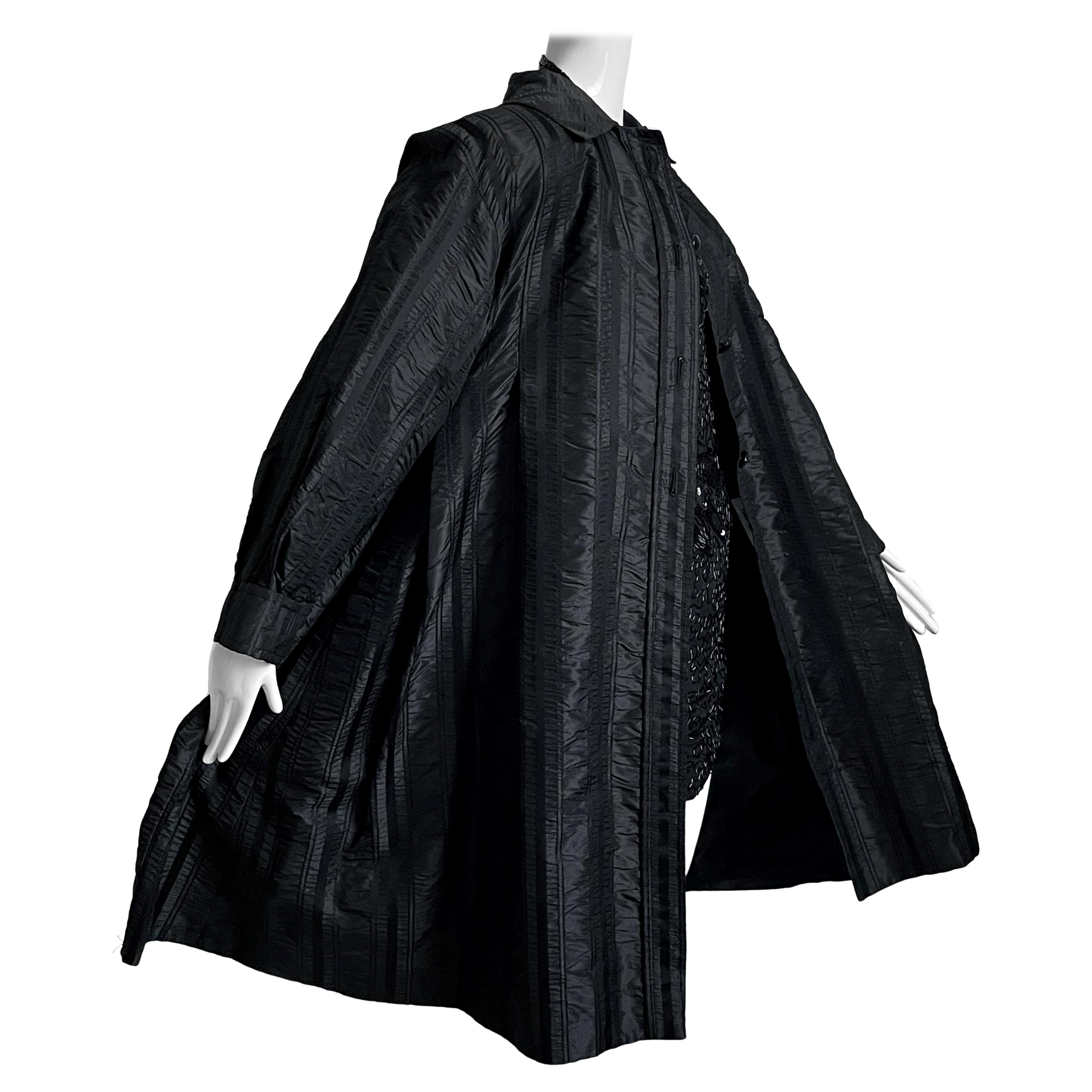 Galanos Coat Swing Style Evening Wear Black Stripe Satin Vintage Neiman Marcus M For Sale