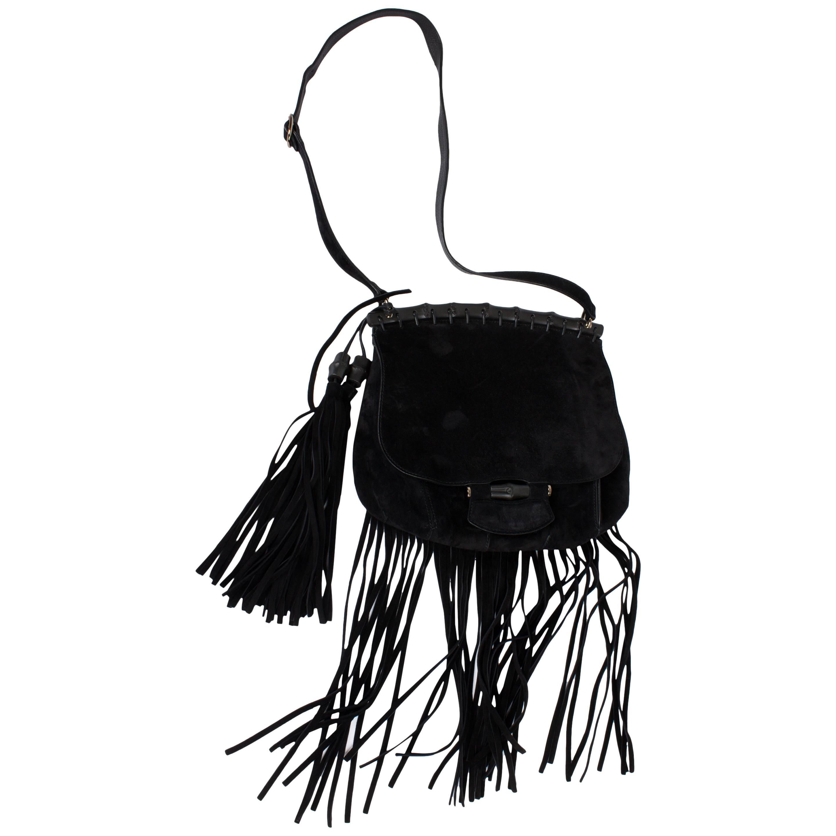 Gucci Nouveau Fringe Shoulder Bag - black suede/black bamboo