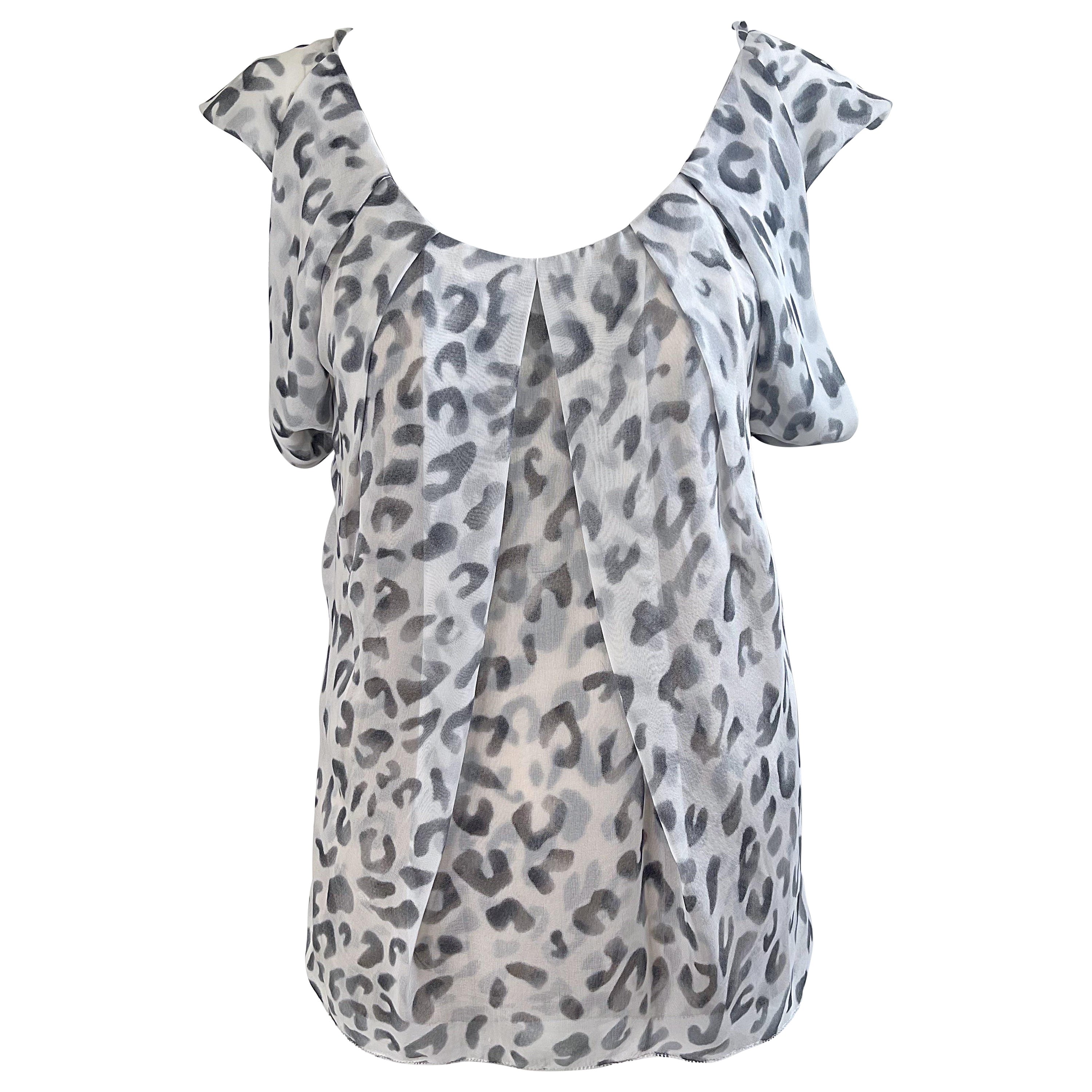 Zac Posen Spring 2009 Size 10 Snow Leopard Animal Print Silk Sleeveless Blouse For Sale