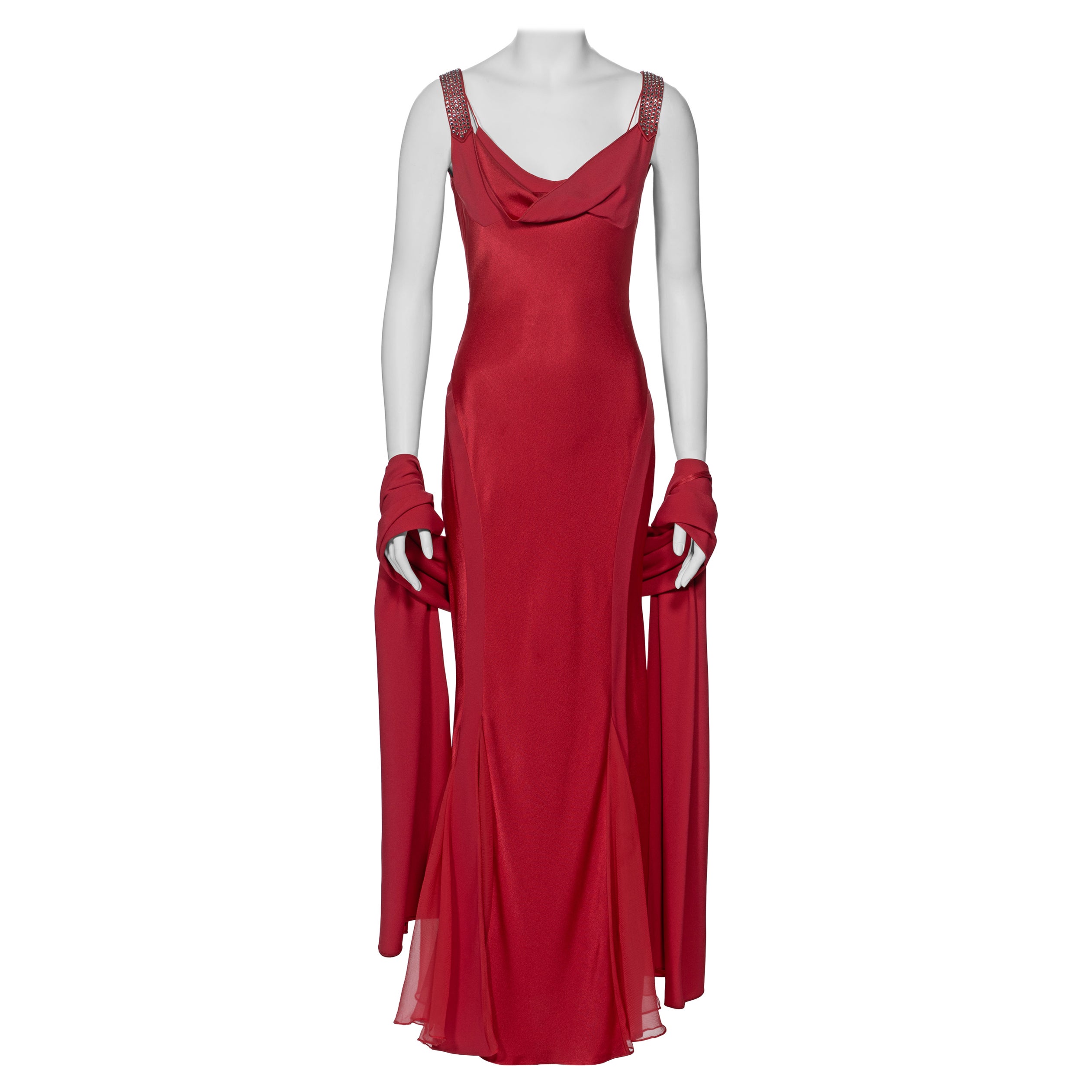 John Galliano Crystal Adorned Crimson Satin Evening Dress and Shawl, ss 2001 For Sale