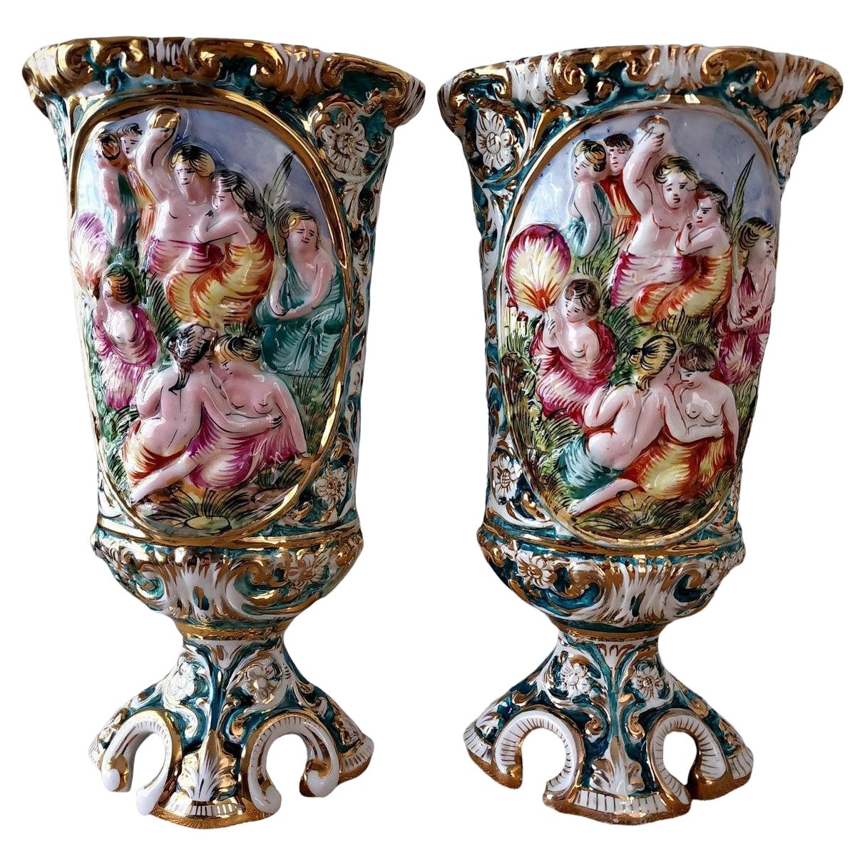 Capodimonte Late 19th Century Porcelain Pedestal Base Vase Pair For Sale
