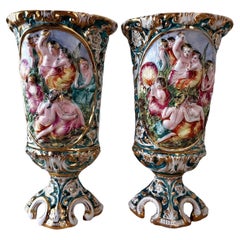 Capodimonte Late 19th Century Porcelain Pedestal Base Vase Pair