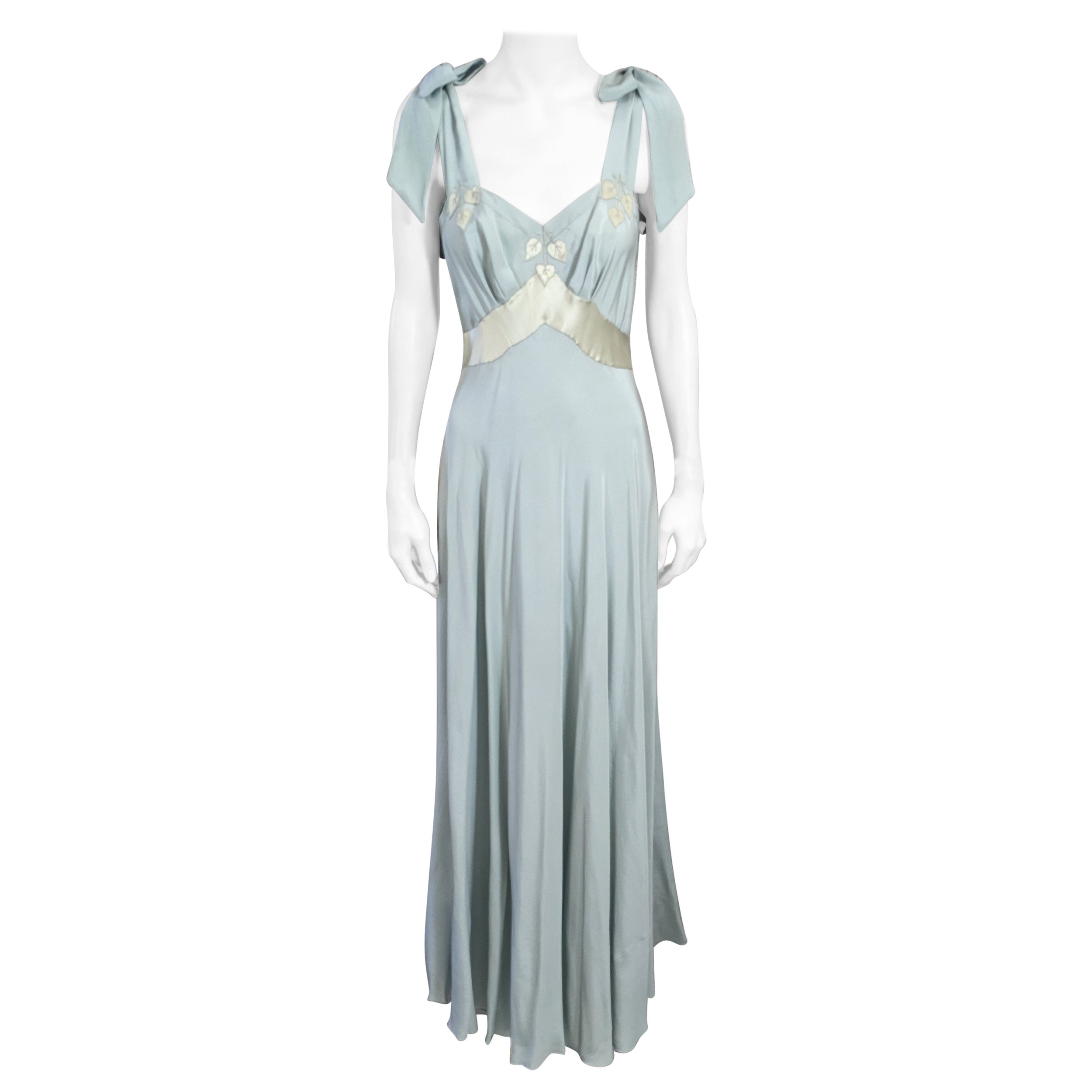   French Pale Slate Blue 1930s Silk Gown For Sale