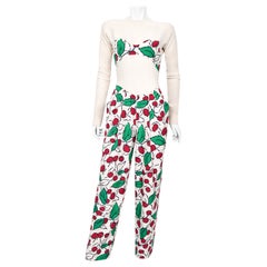 Vintage 1990's Geoffrey Beene Cherry Print Silk Crepe Bikini-Illusion Jumpsuit 