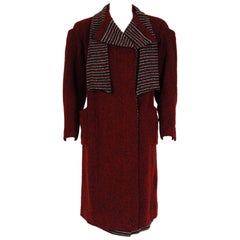 Burgundy-Red Striped Wool Deco Flapper Coat and Matching Skirt Ensemble,  1920s 