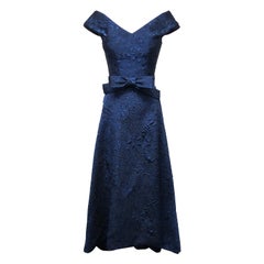 Royal Blue Portrait V Neck Fit Flare High Low Gown with Bow Belt andTrain 