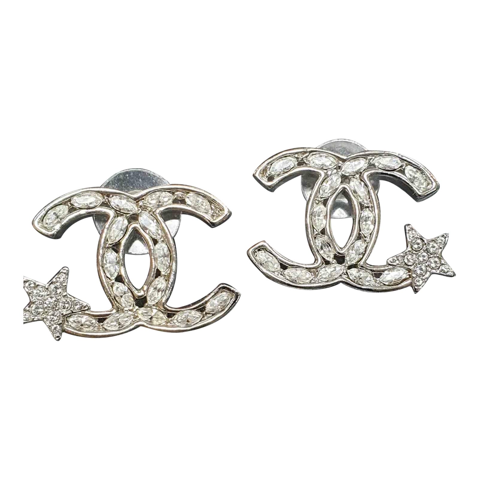 Chanel 22P Silver Crystal Pearl White Chain CC Logo Drop Statement Stud  Earrings