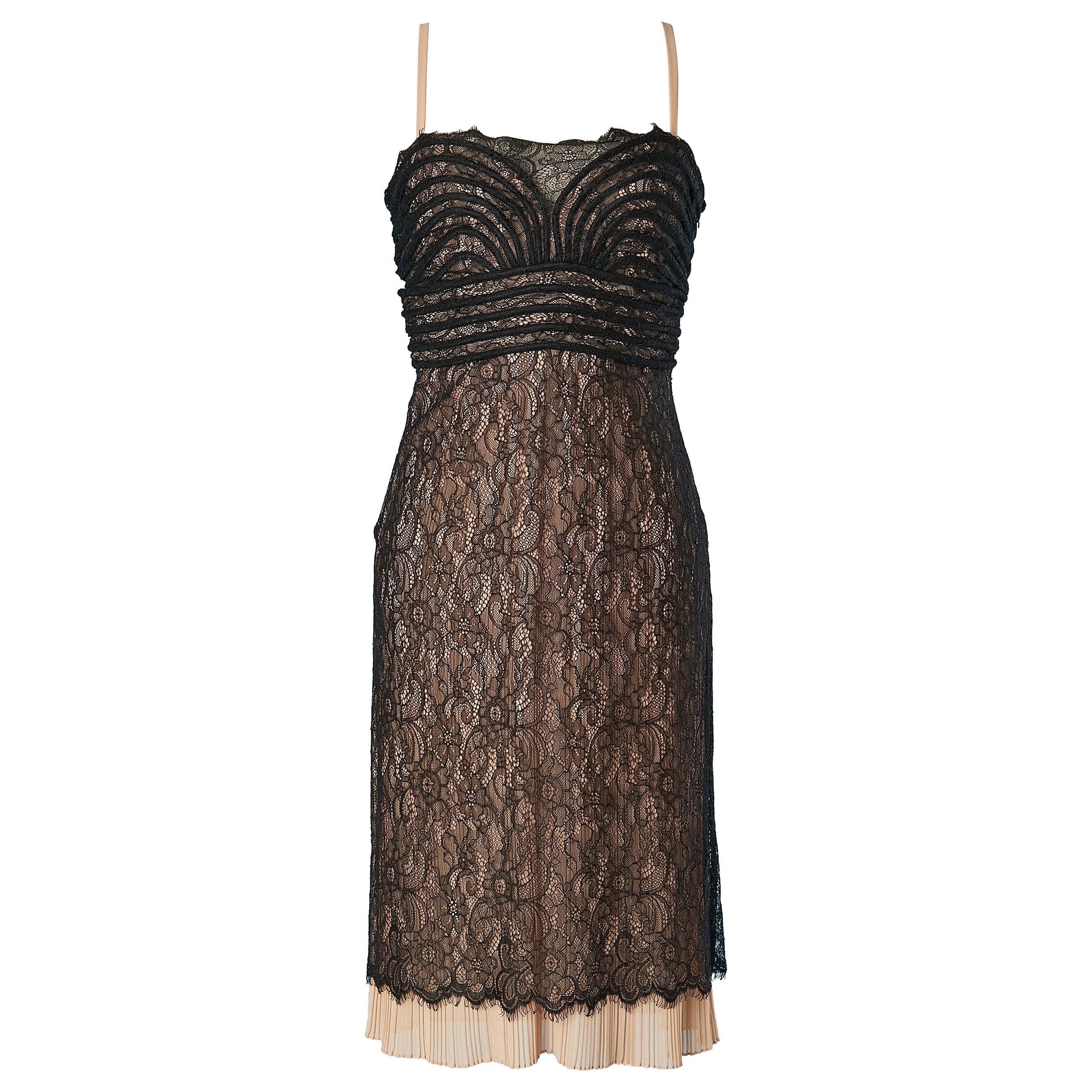 Black bustier dress with lace and sunary pleated lays Roberto Cavalli Class  For Sale