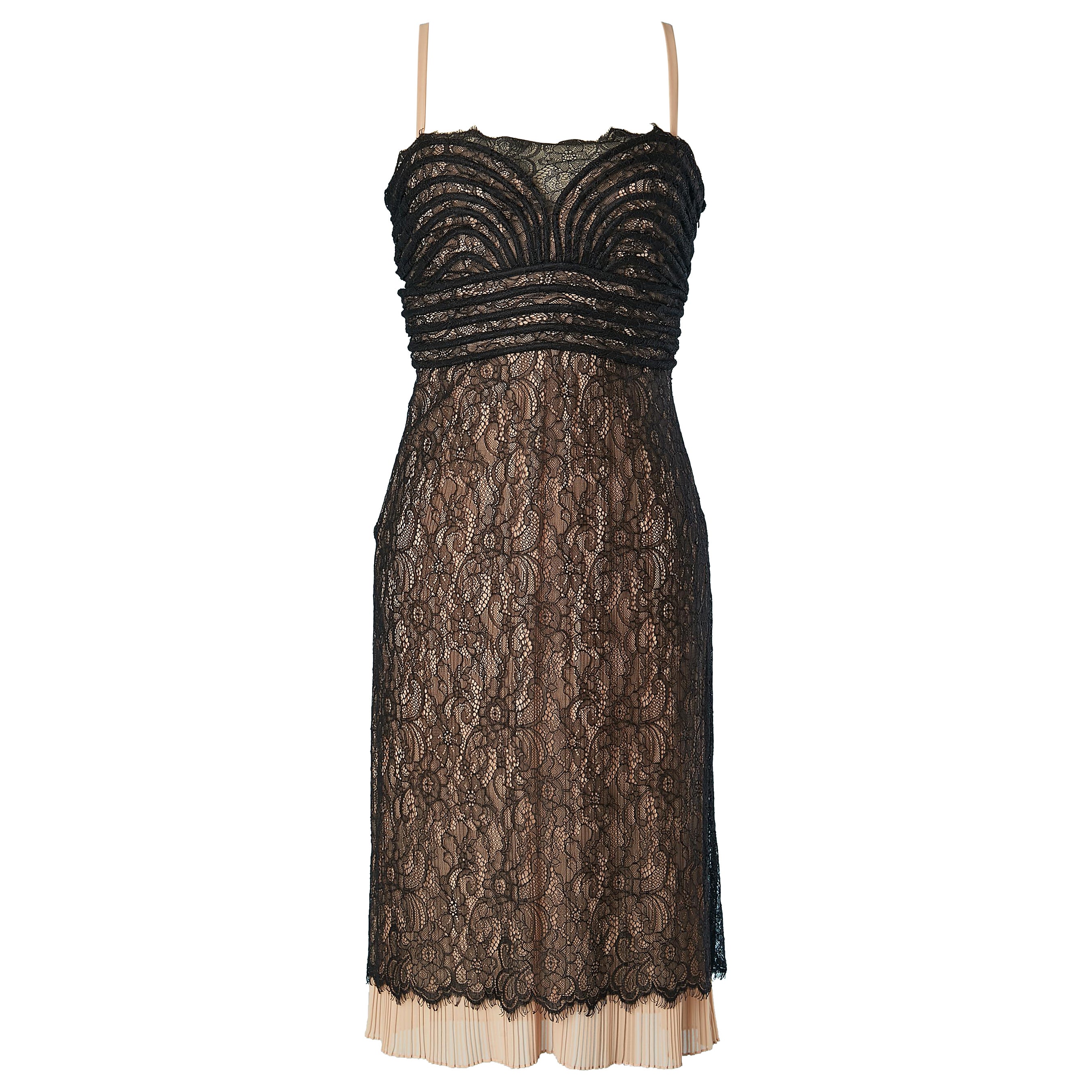Vestido bustier negro con encaje y lazos plisados al sol Roberto Cavalli Class en venta