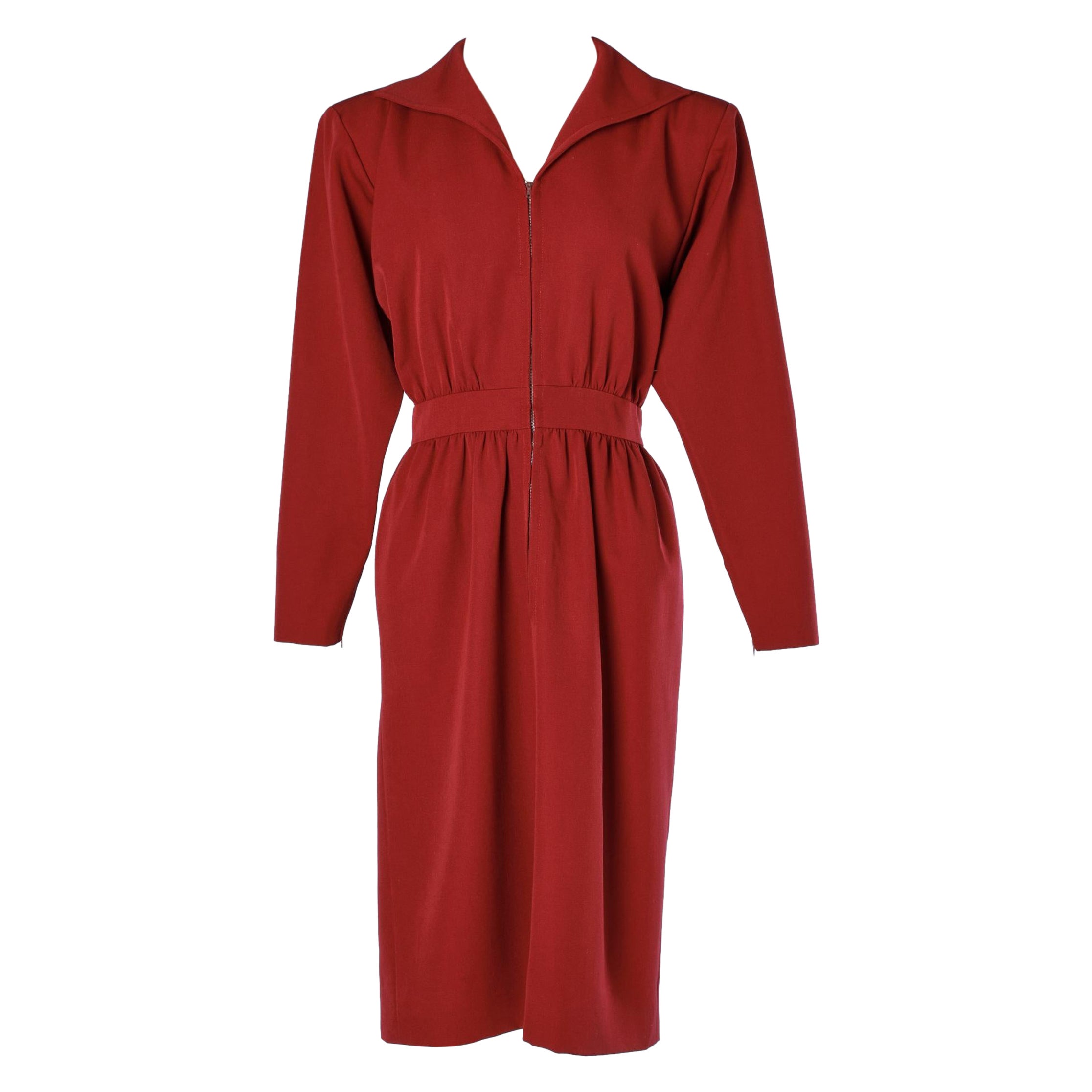 Deep red wool day dress with zip closure in the front Saint Laurent Rive Gauche  For Sale