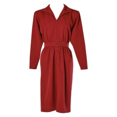 Vintage Deep red wool day dress with zip closure in the front Saint Laurent Rive Gauche 