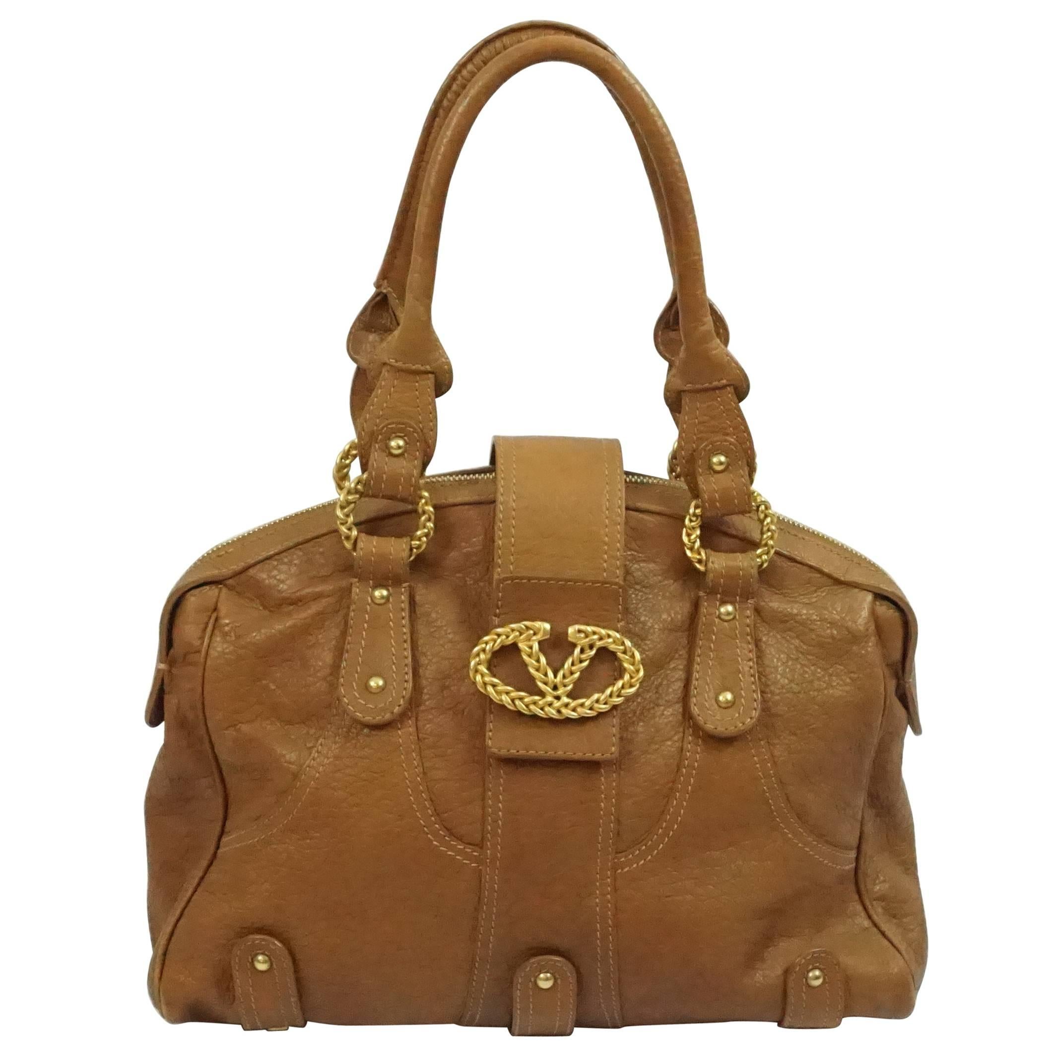 Valentino Cognac Pebbled Leather Shoulder Bag - GHW