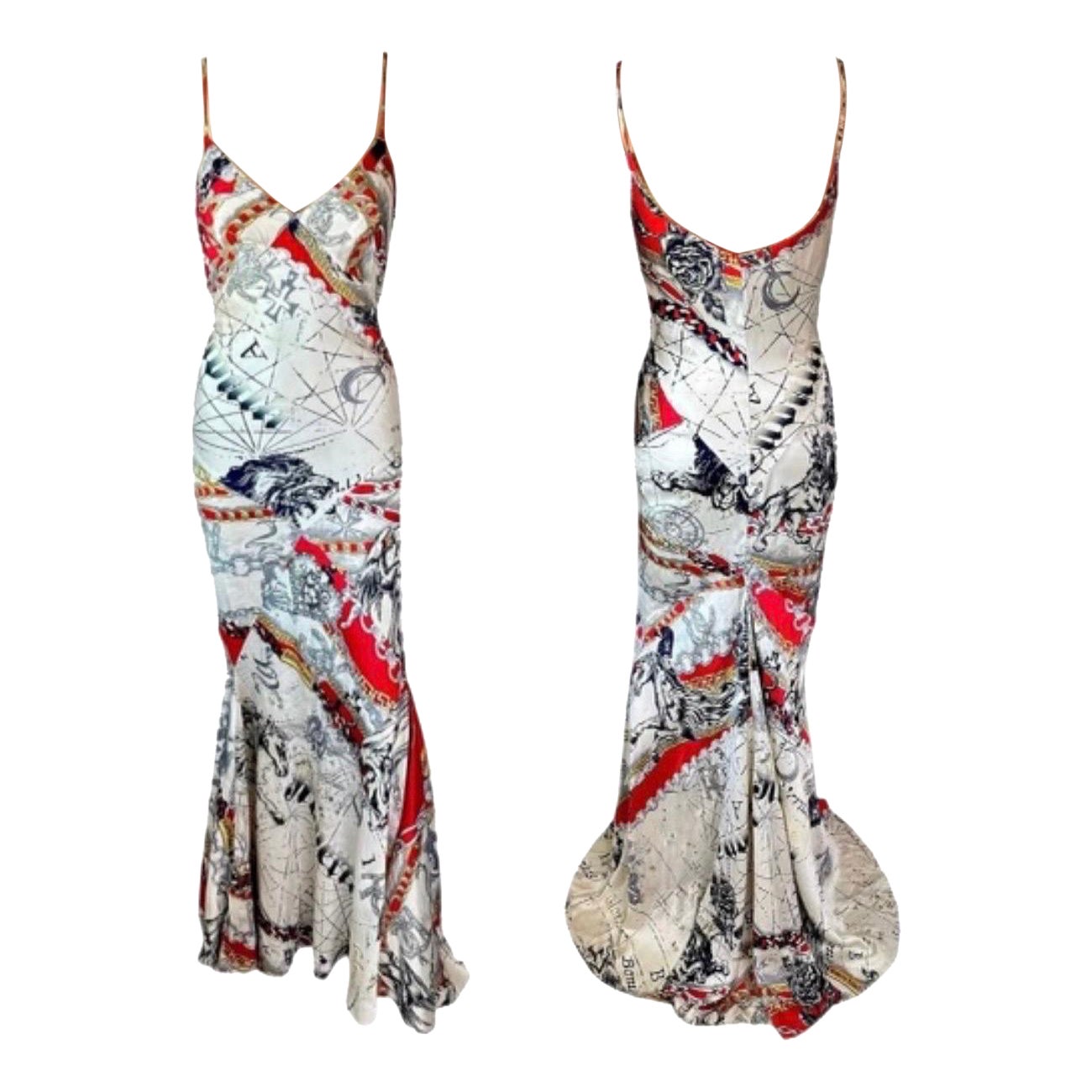 Roberto Cavalli F/W 2003 Constellation Print Slip Silk Train Evening Dress Gown For Sale