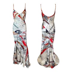 Roberto Cavalli F/W 2003 Constellation Print Slip Silk Train Evening Dress Gown