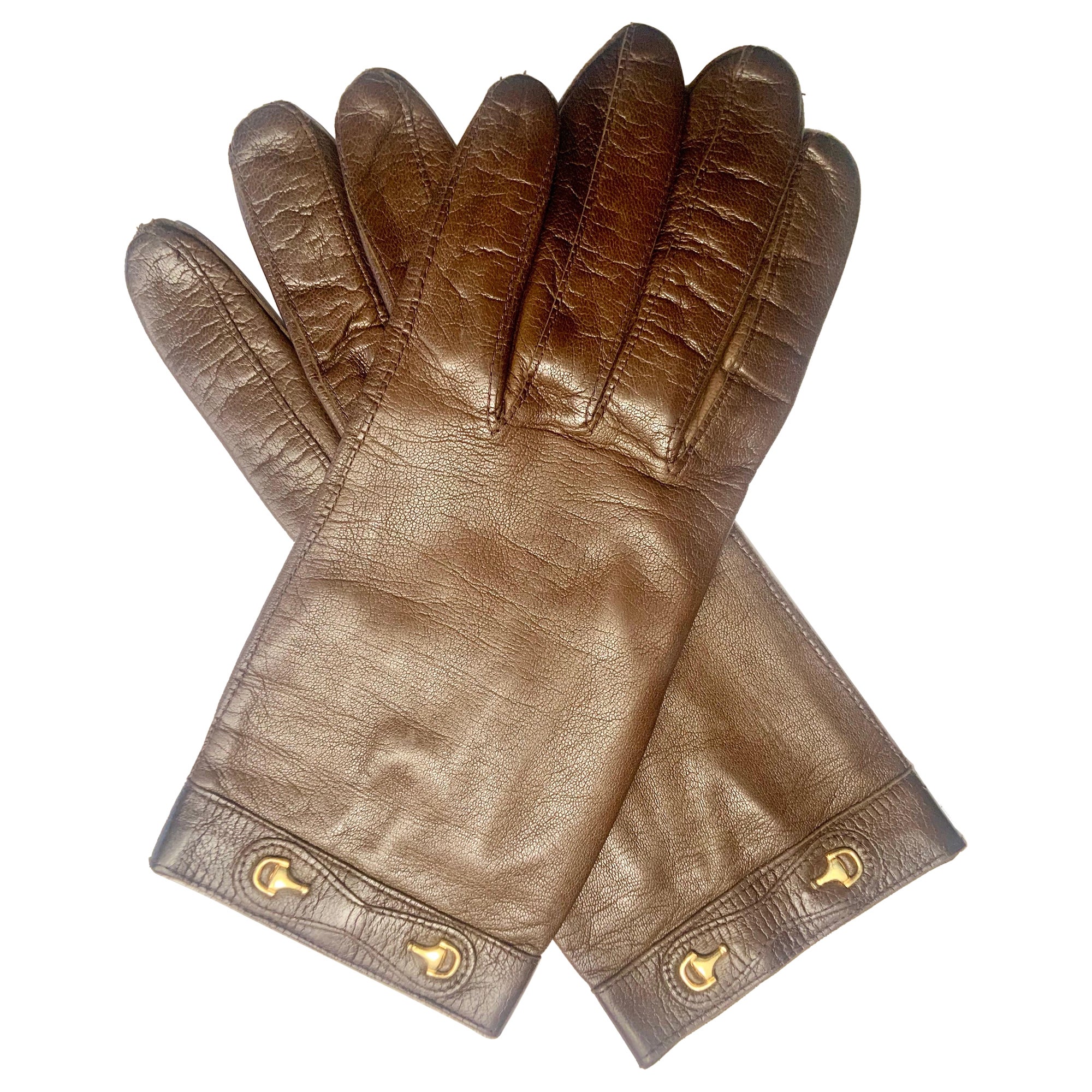 1980's Gucci Equestrian Theme Brown Leather Gloves Never Worn 6 1/2 For Sale