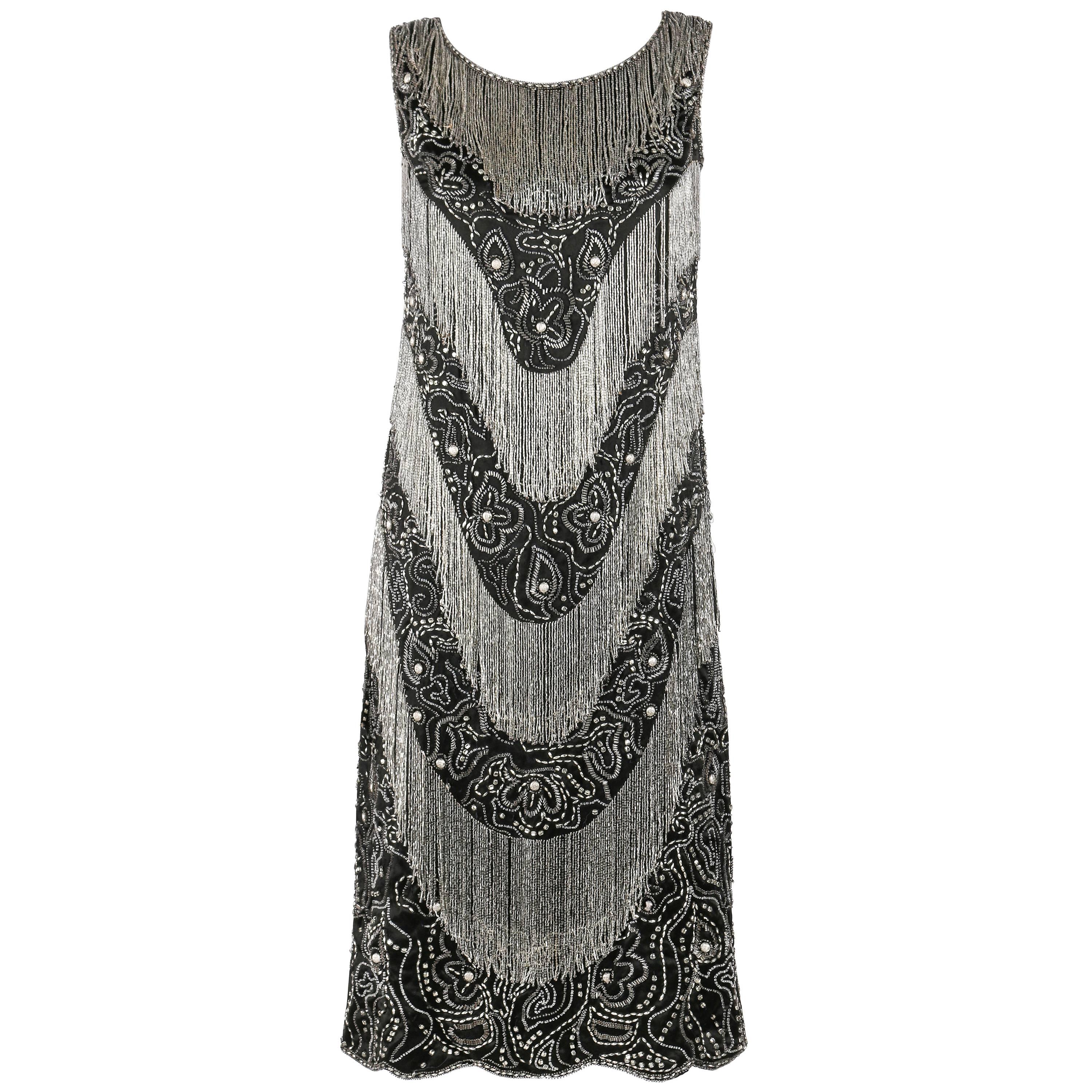 COUTURE c.1920's Black Silk Beaded Tiered Fringe Floral Flapper Evening ...