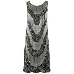 COUTURE c.1920's Black Silk Beaded Tiered Fringe Floral Flapper Evening Dress 12