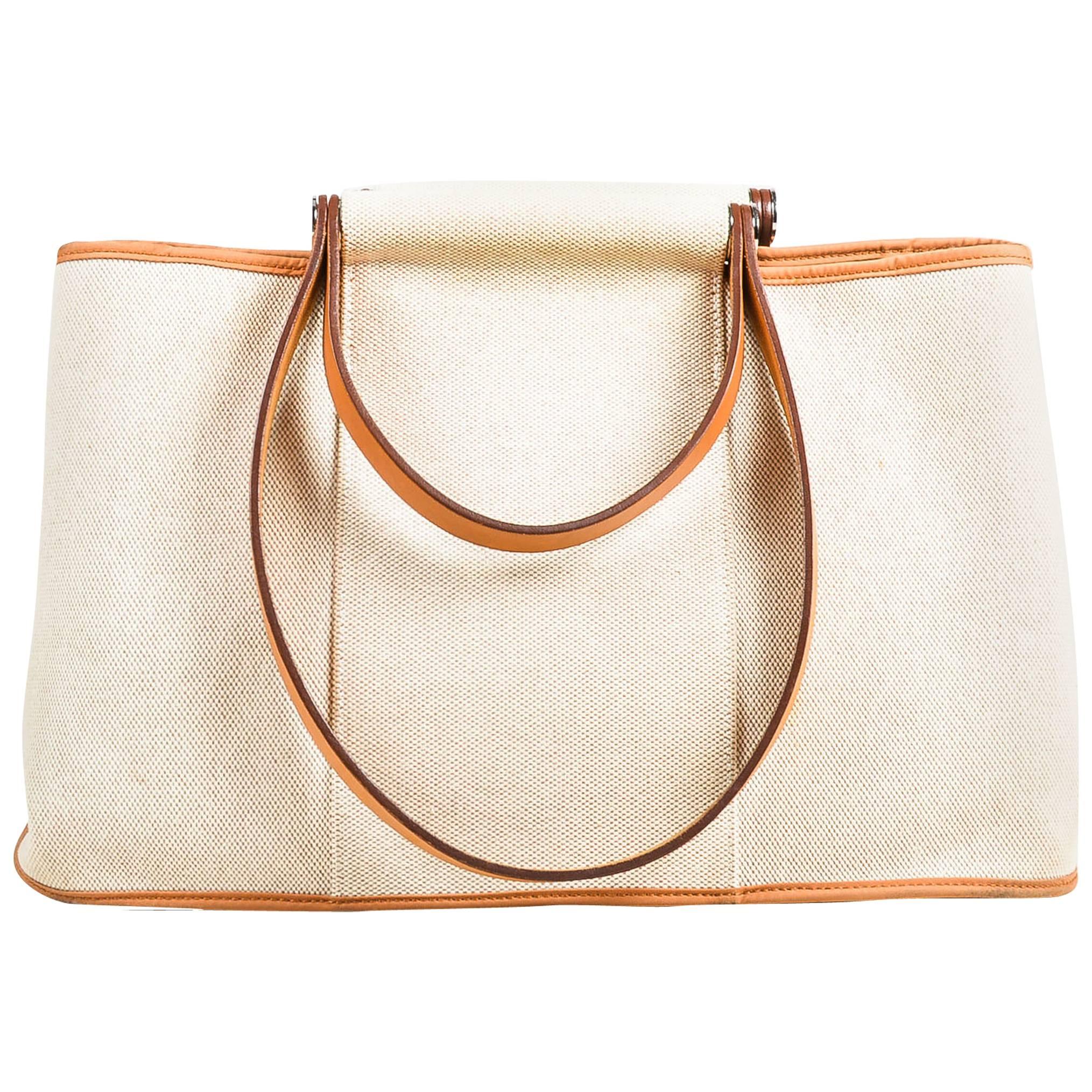 Hermes $1725 Beige & Tan Canvas & Leather Double Strap "Cabag Elan" Tote For Sale