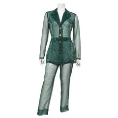 Retro 1990's Rifat Ozbek Sheer Green Leopard Print Blazer & Trousers Pantsuit 