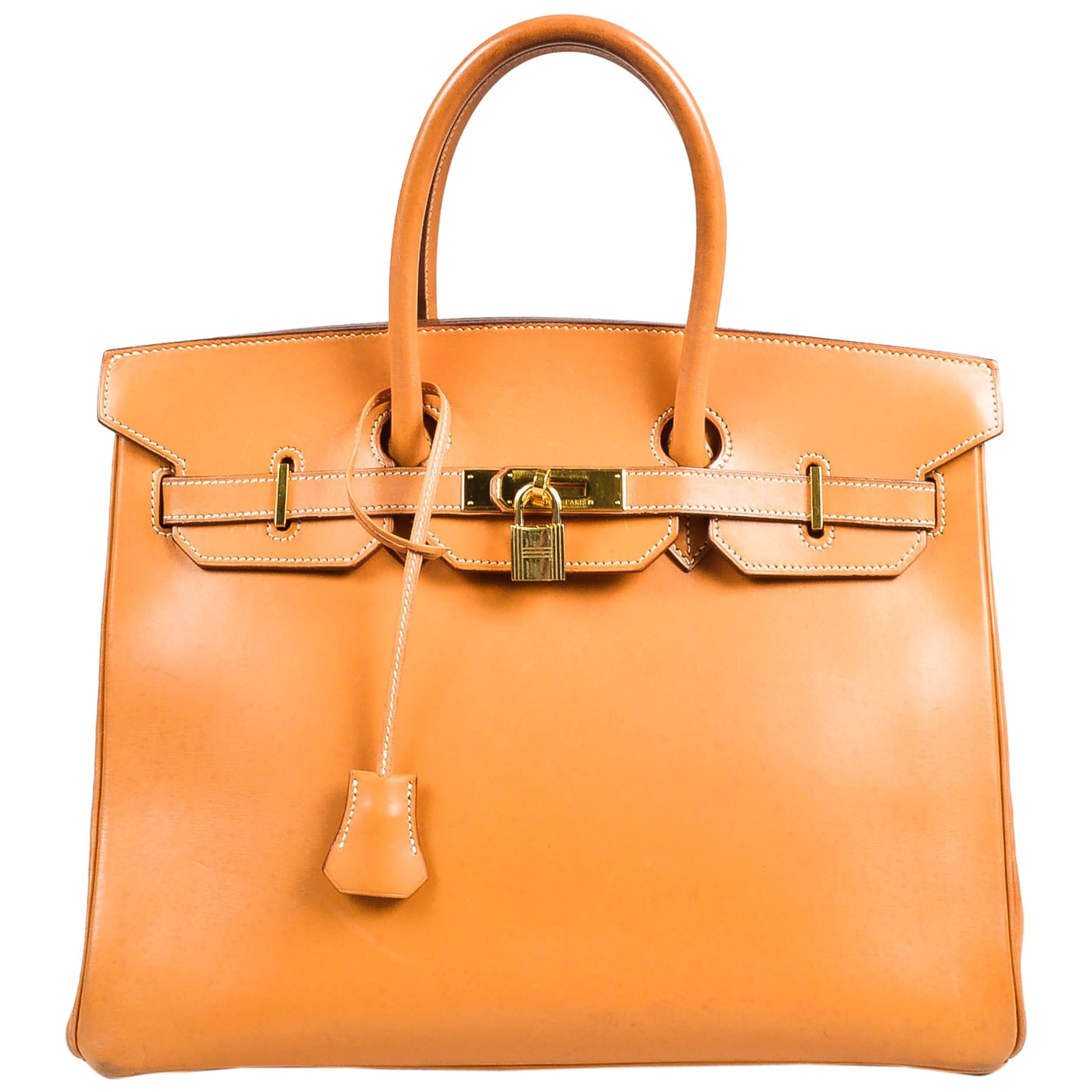 Vintage Hermes "Natural" Tan Box Calf Leather Top Handle "Birkin" 35cm Satchel For Sale