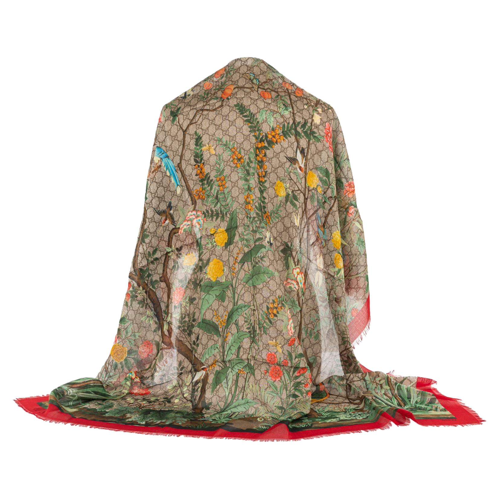 Gucci New Canvas Floral Birds Shawl For Sale