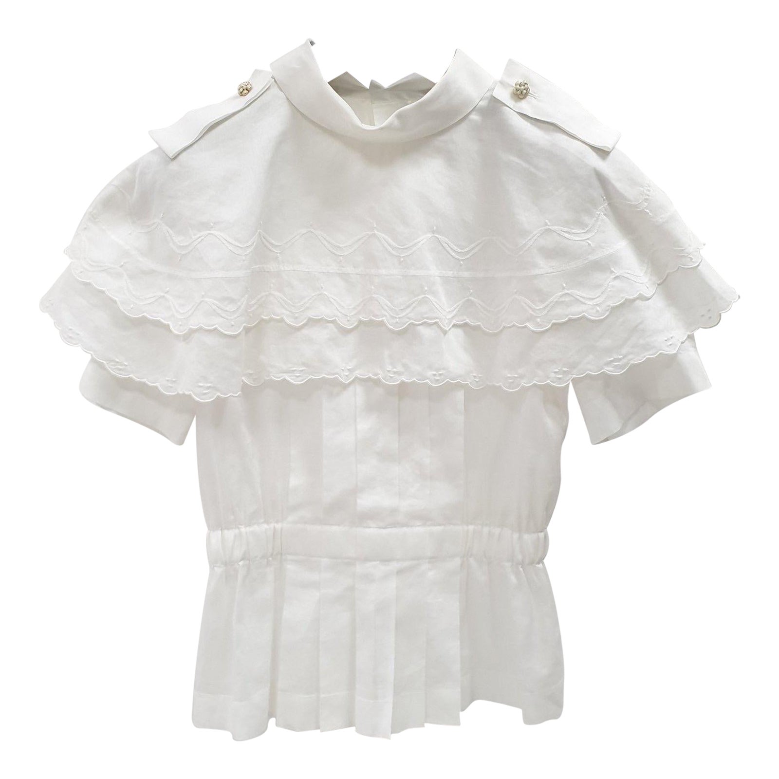 Chanel White Cotton Scalloped Overlay Detail Top 