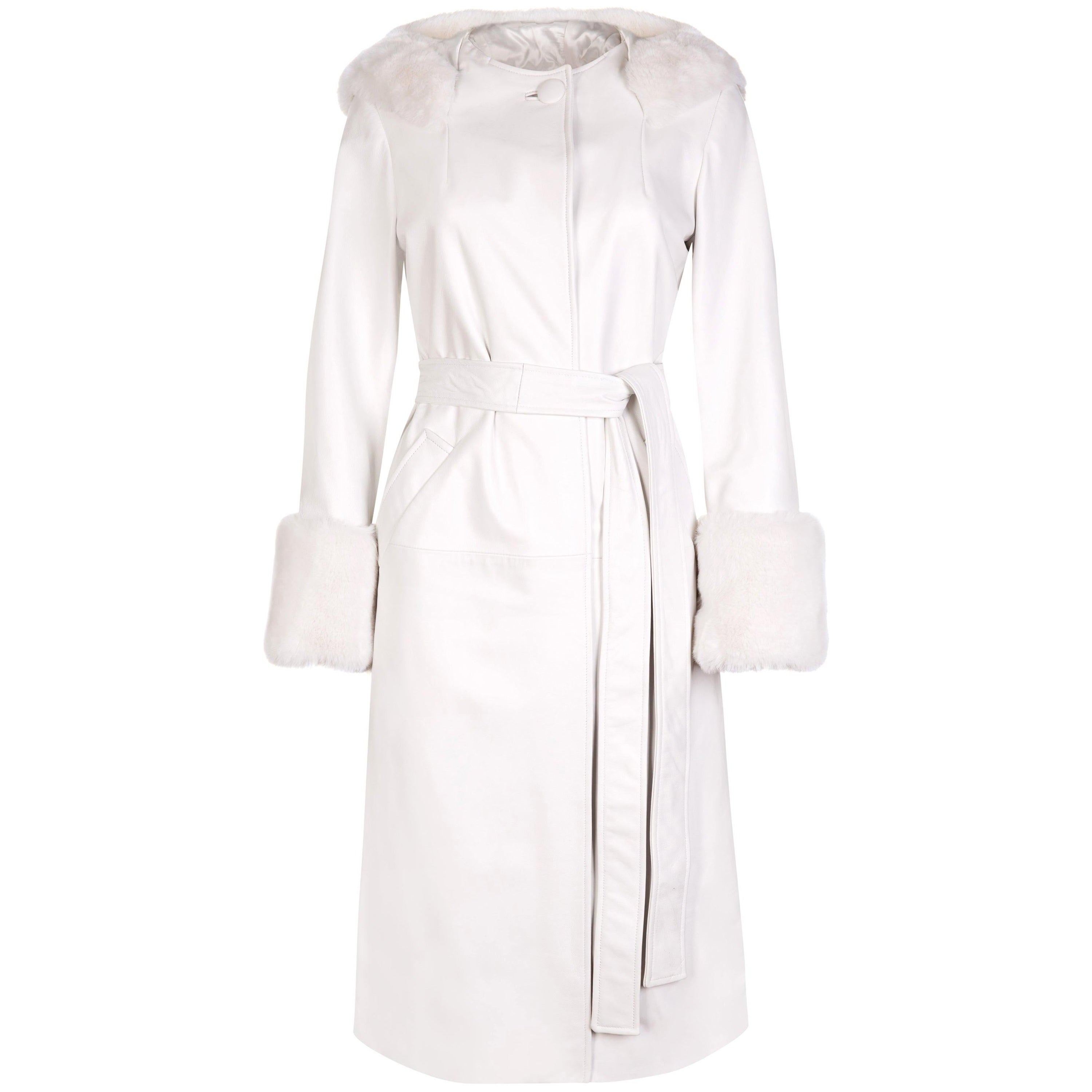 Verheyen Aurora Hooded Leather Trench Coat in White with Faux Fur - Size uk 10 For Sale