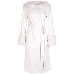 Verheyen Aurora Hooded Leather Trench Coat in White with Faux Fur - Size uk 10
