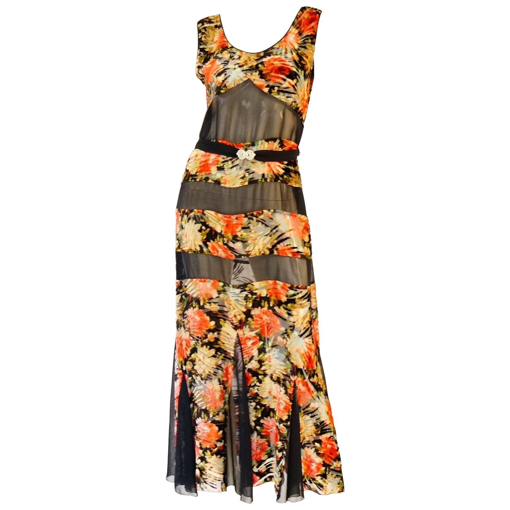 1920's Museum Piece Silk and Sheer Panel Floral Fluted Dress  For Sale