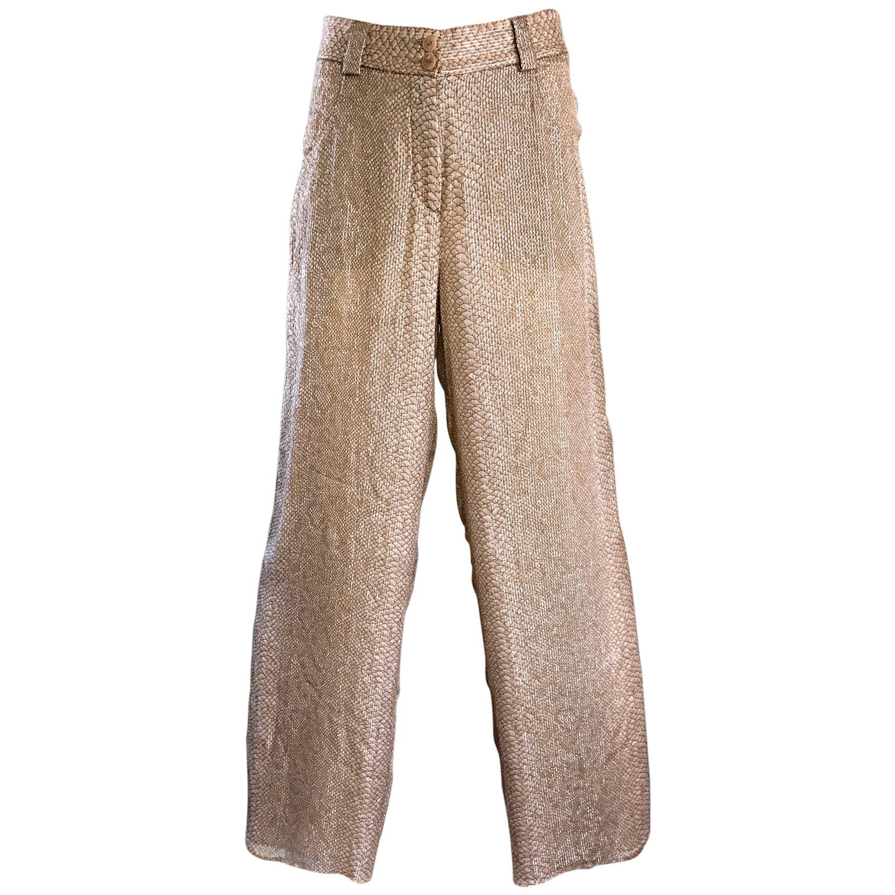 Vintage GIORGIO ARMANI 1990s Beige Gold Silk Chiffon Snakeskin Wide Leg Pants For Sale