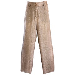 GIORGIO ARMANI Pantalon vintage à jambes larges en mousseline de soie et peau de serpent beige et or, années 1990