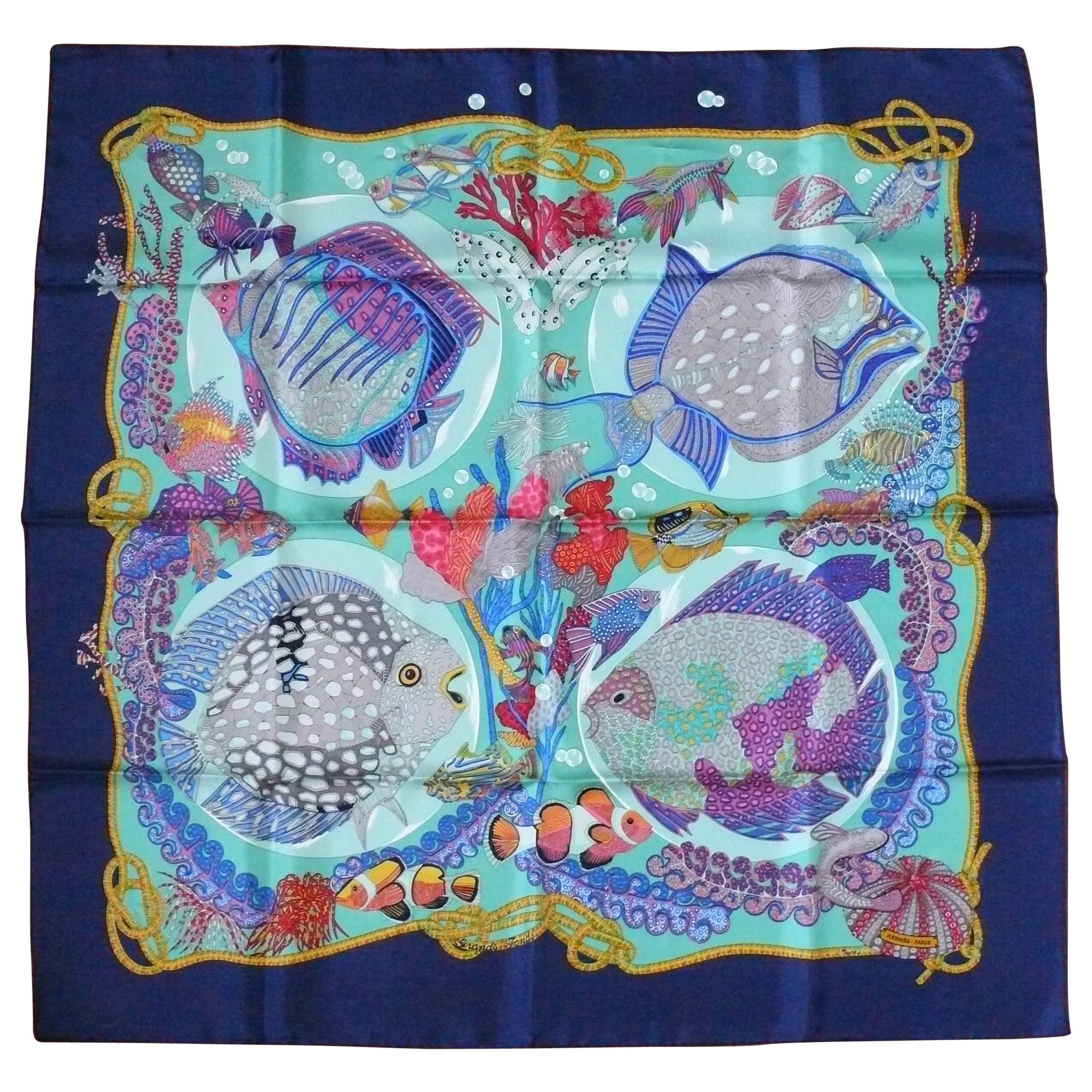 Hermes Vintage Silk Carre Scarf "Grands Fonds" by Annie Faivre 1992