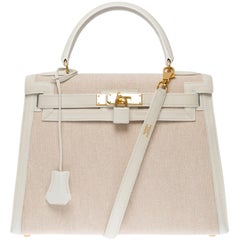 Sac à main Hermès Kelly 28 sellier en toile blanche et cuir beige, GHW