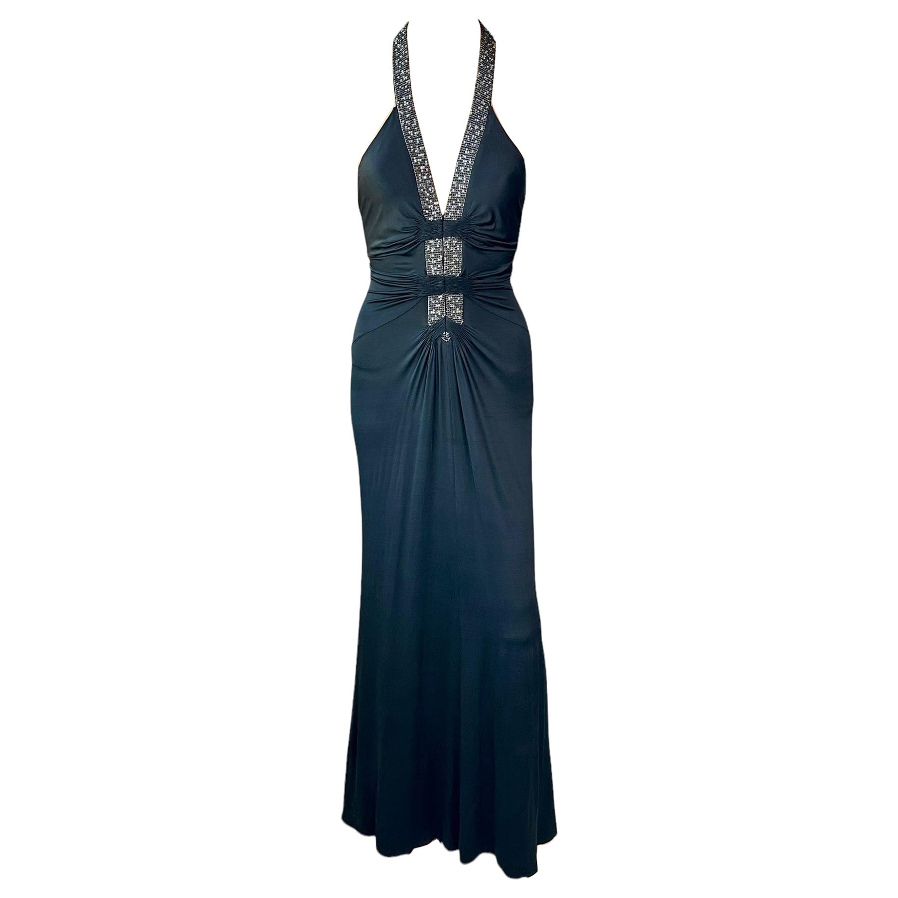 Roberto Cavalli S/S 2005 Embellished Plunging Neckline Black Maxi Evening Dress For Sale