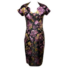 French Floral Jacquard Pink, Gold and Black Slim Dress with Scalloped Neckline