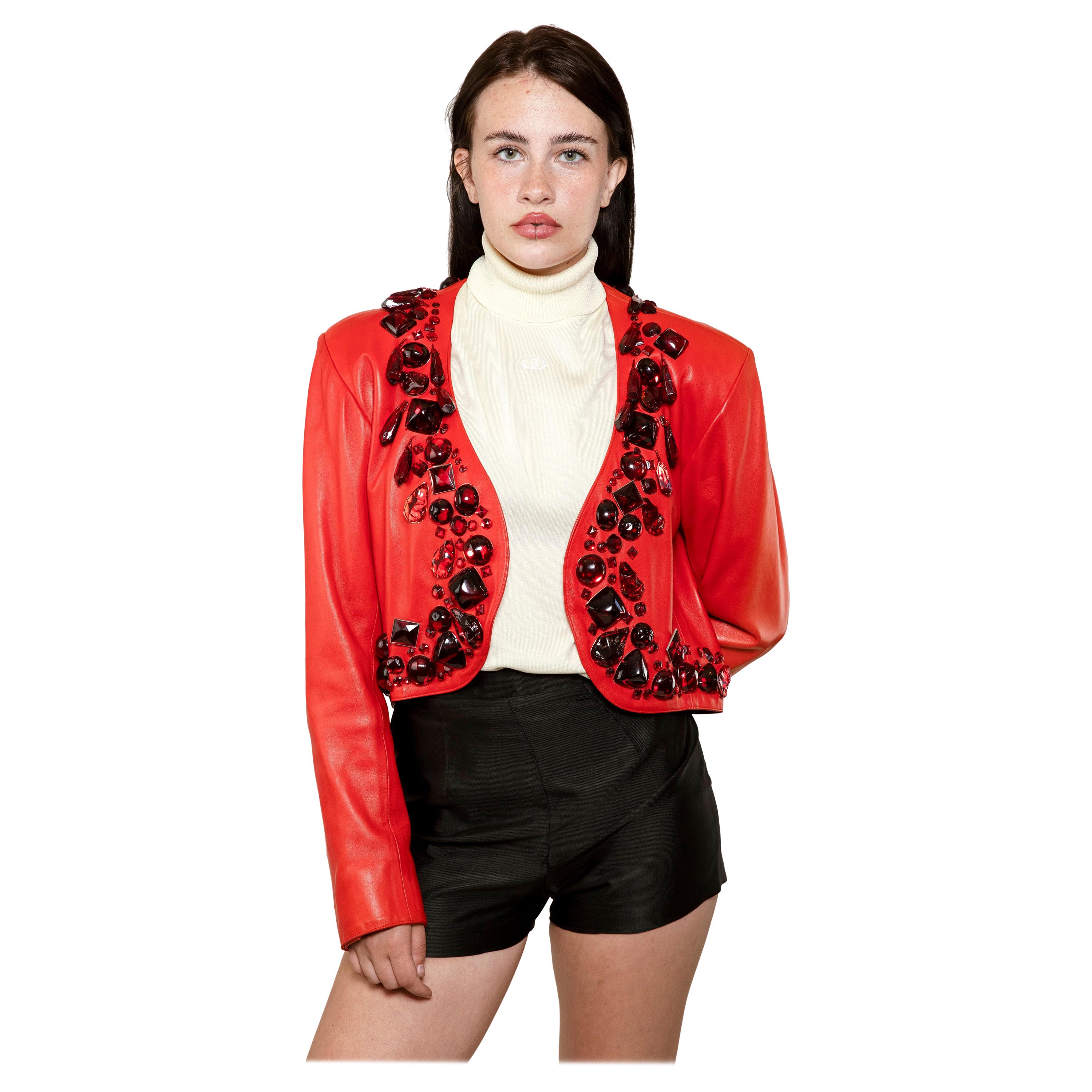 Yves Saint Laurent 1990 Glass Bead Leather Cropped Jacket For Sale
