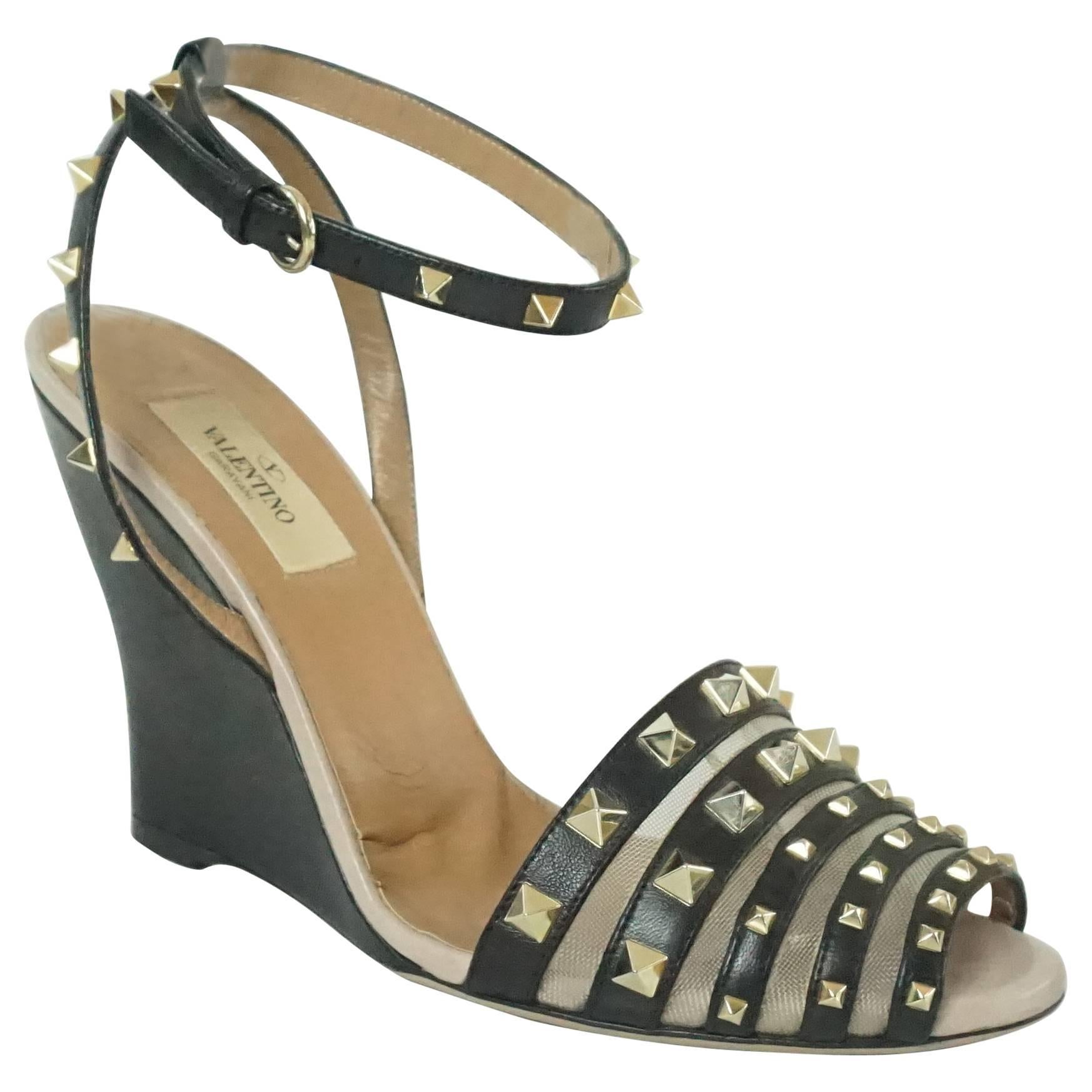 Valentino Black Leather Rockstud Wedges with Ankle Strap - 39