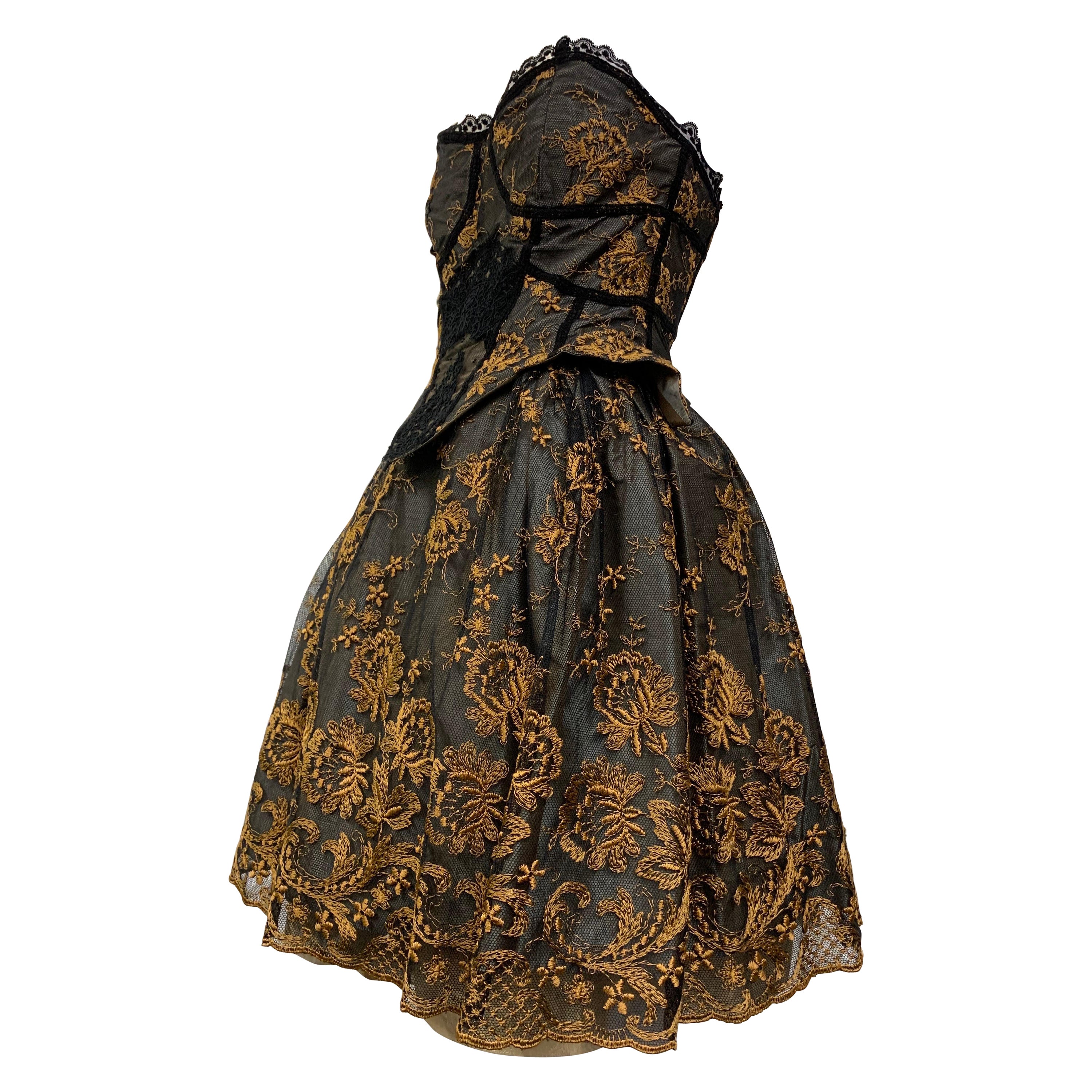1990s Christian LaCroix Strapless Merry Widow Dress w Pouf Skirt in Black Lace For Sale