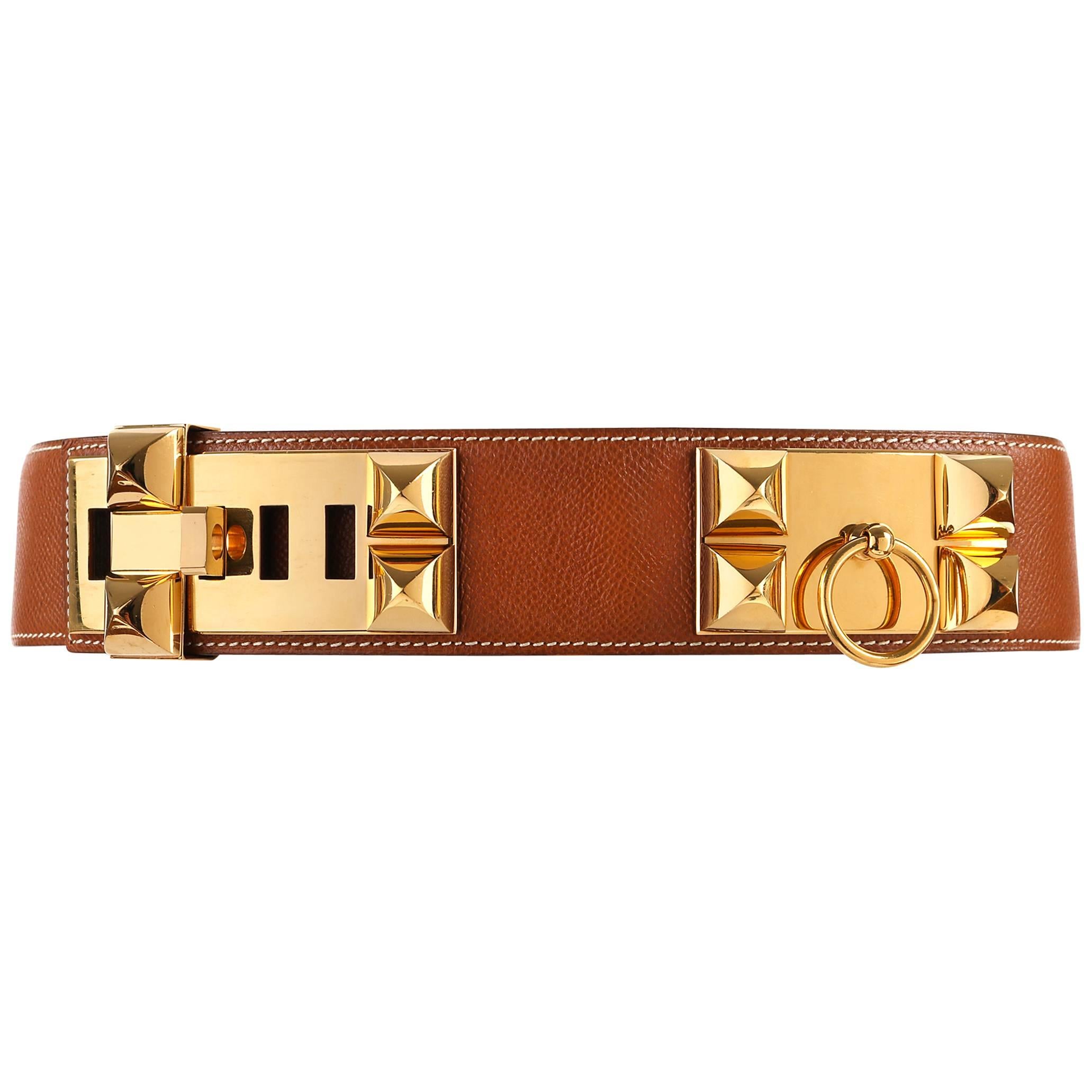 HERMES c.1992 Collier de Chien Tan Courchevel Leather Medor Gold Hardware Belt