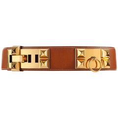 Vintage HERMES c.1992 Collier de Chien Tan Courchevel Leather Medor Gold Hardware Belt