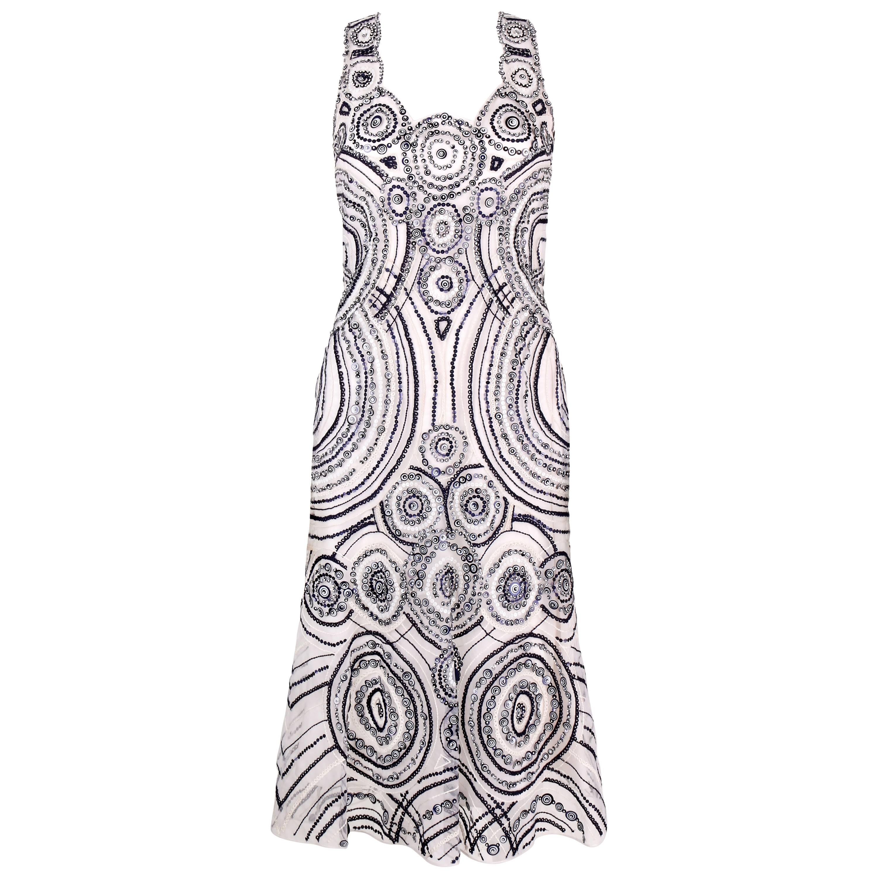 CAROLINA HERRERA White Mesh Navy Blue Embellished Paillettes Sleeveless Dress For Sale