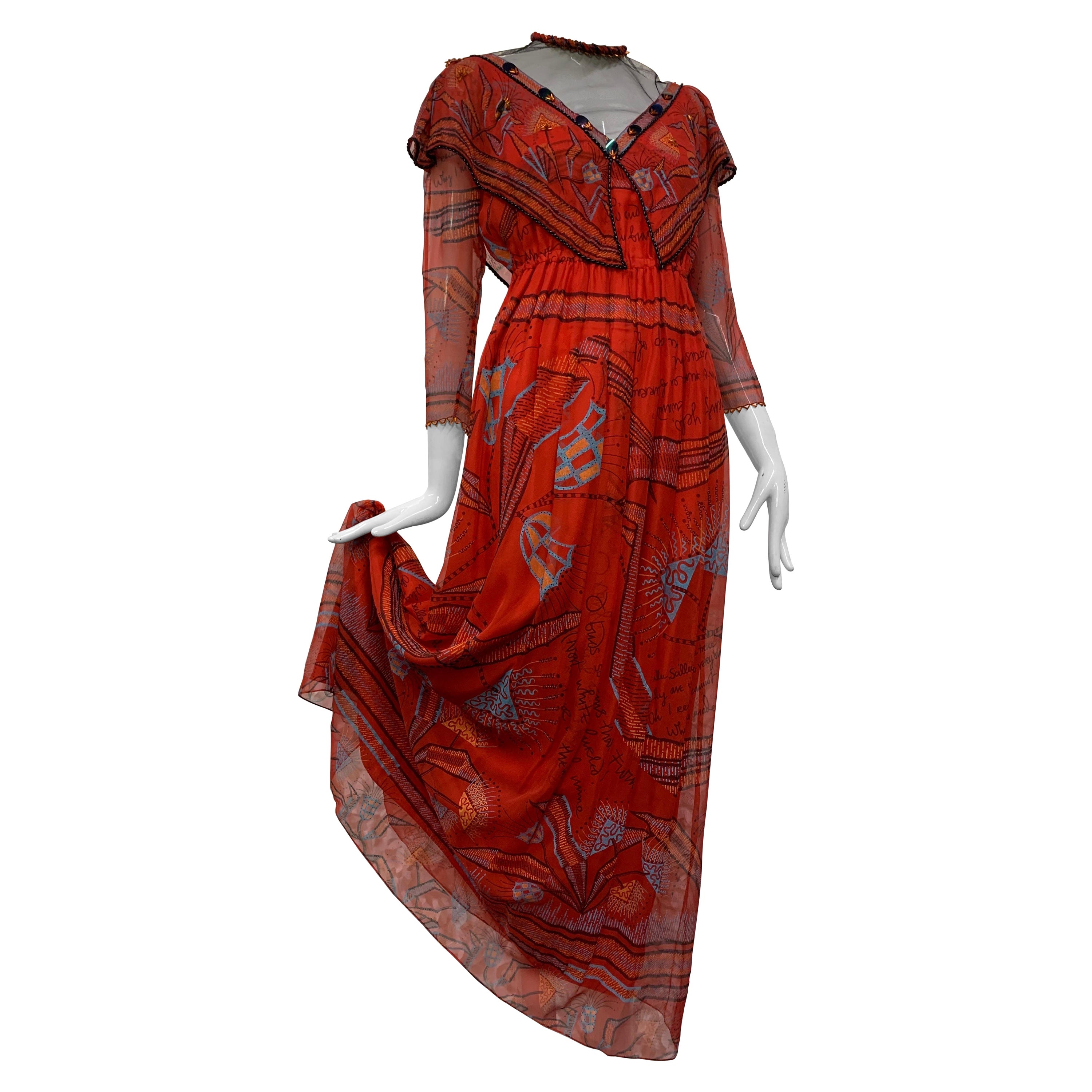1970s Zandra Rhodes Red Silk Chiffon Print Boho London Maxi Dress w Bead Details For Sale
