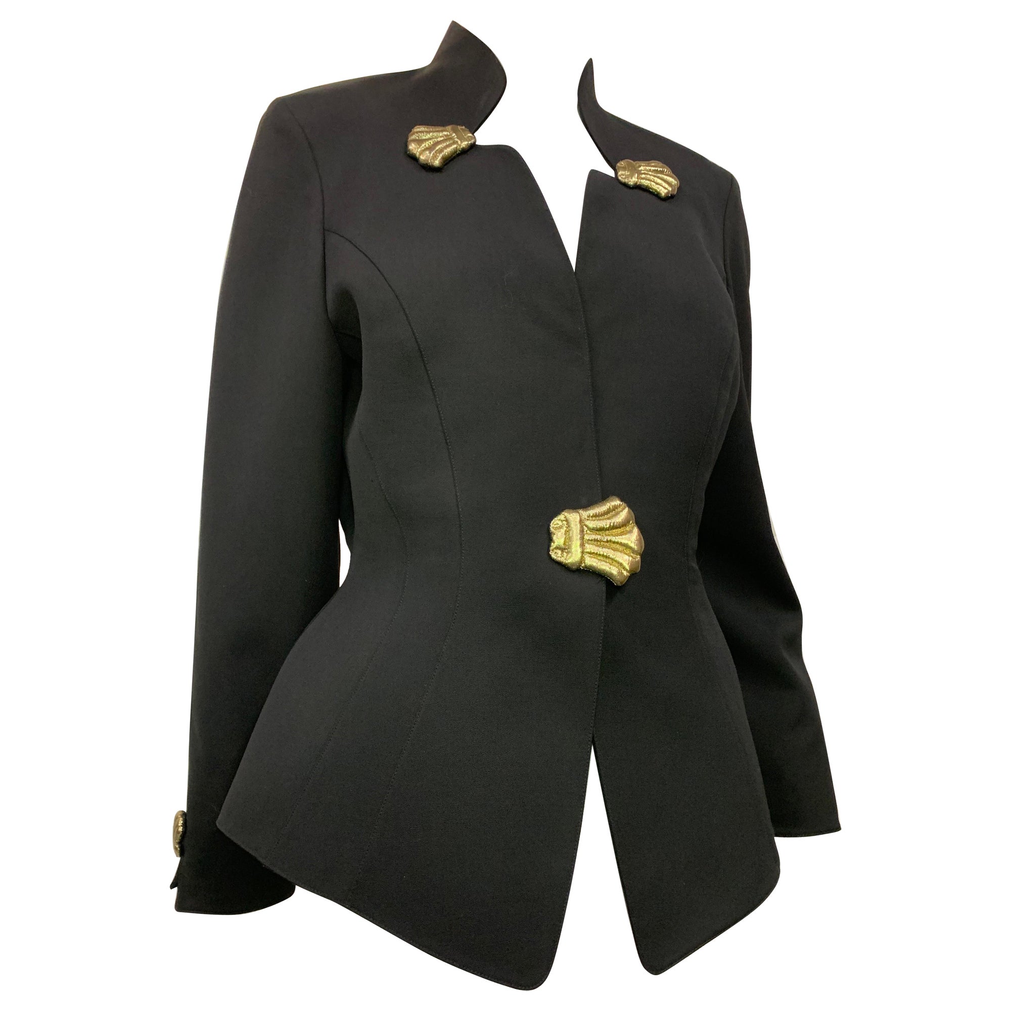 1990s Thierry Mugler Black Wool Crepe Jacket w Gold Lame Fabric Shell Details 