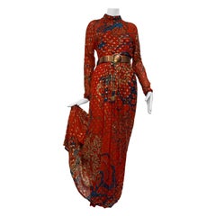 1970s Malcolm Starr Red Silk Chiffon Lame Maxi Dress w Asian-Inspired Floral