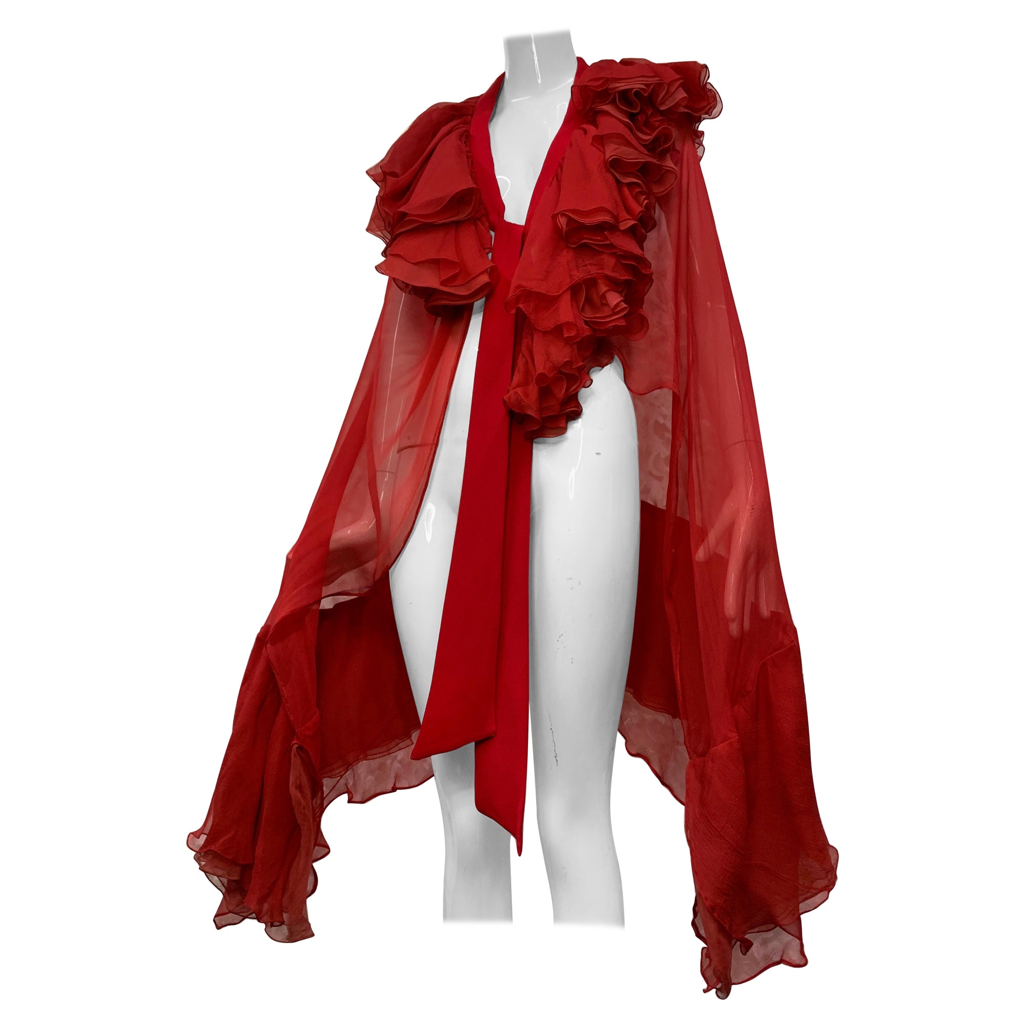 Torso Creations Crimson Red Silk Chiffon Cape w Lush Ruffles & Silk Foulard For Sale
