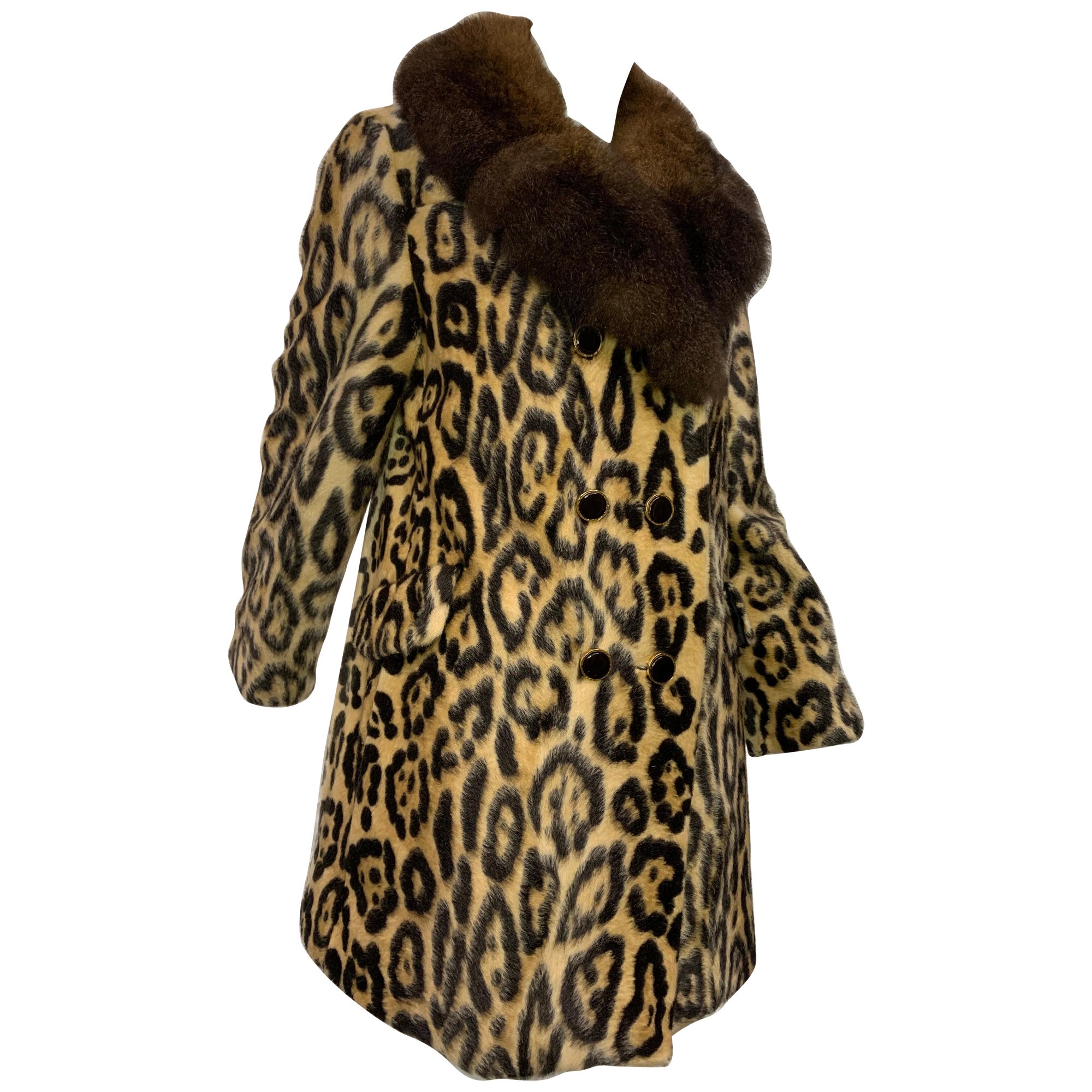 1960s Robert Meshekoff Faux Leopard Fur Double-Breasted Coat w Lush Fur Collar  For Sale